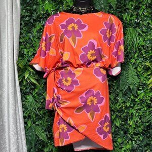 Boohoo Dress Size 22 Orange Floral Wrap Butterfly Sleeves Midi Boho Chic 3467